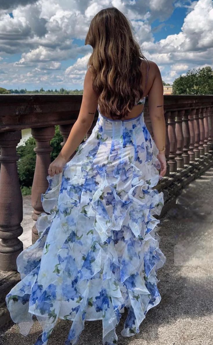 Blue Charming Floral A-Line Spaghetti Strap Long Ball Gown Party Dress Evening Gown gh3009