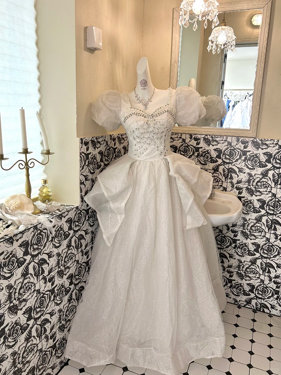 Ivory Puff Sleeve Waist-Cinched Voluminous Skirt Long Romantic Dress, Wedding Gown gh7698