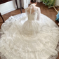 Ivory Vintage High‑Neck Puff‑Sleeve Lace‑Appliqué Tiered‑Tulle Long Train Ballgown Wedding Dress gh8785