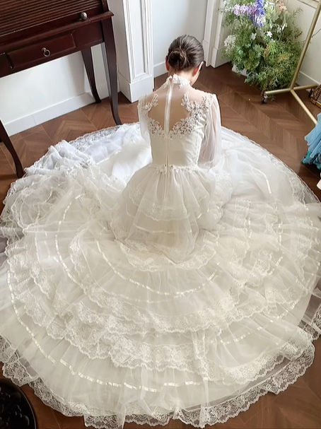 Ivory Vintage High‑Neck Puff‑Sleeve Lace‑Appliqué Tiered‑Tulle Long Train Ballgown Wedding Dress gh8785