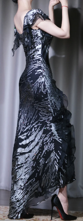 ✨Girlhomeshops-Black Silver Beaded Mermaid Long Prom Gown Flutter Sleeve High Low Hem Cocktail Dress gh10108