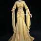 Halter Golden Yellow Prom Dress Sheer Bodice Rhinestone Floral Embroidery Tiered Chiffon Mermaid Formal Gown gh9554