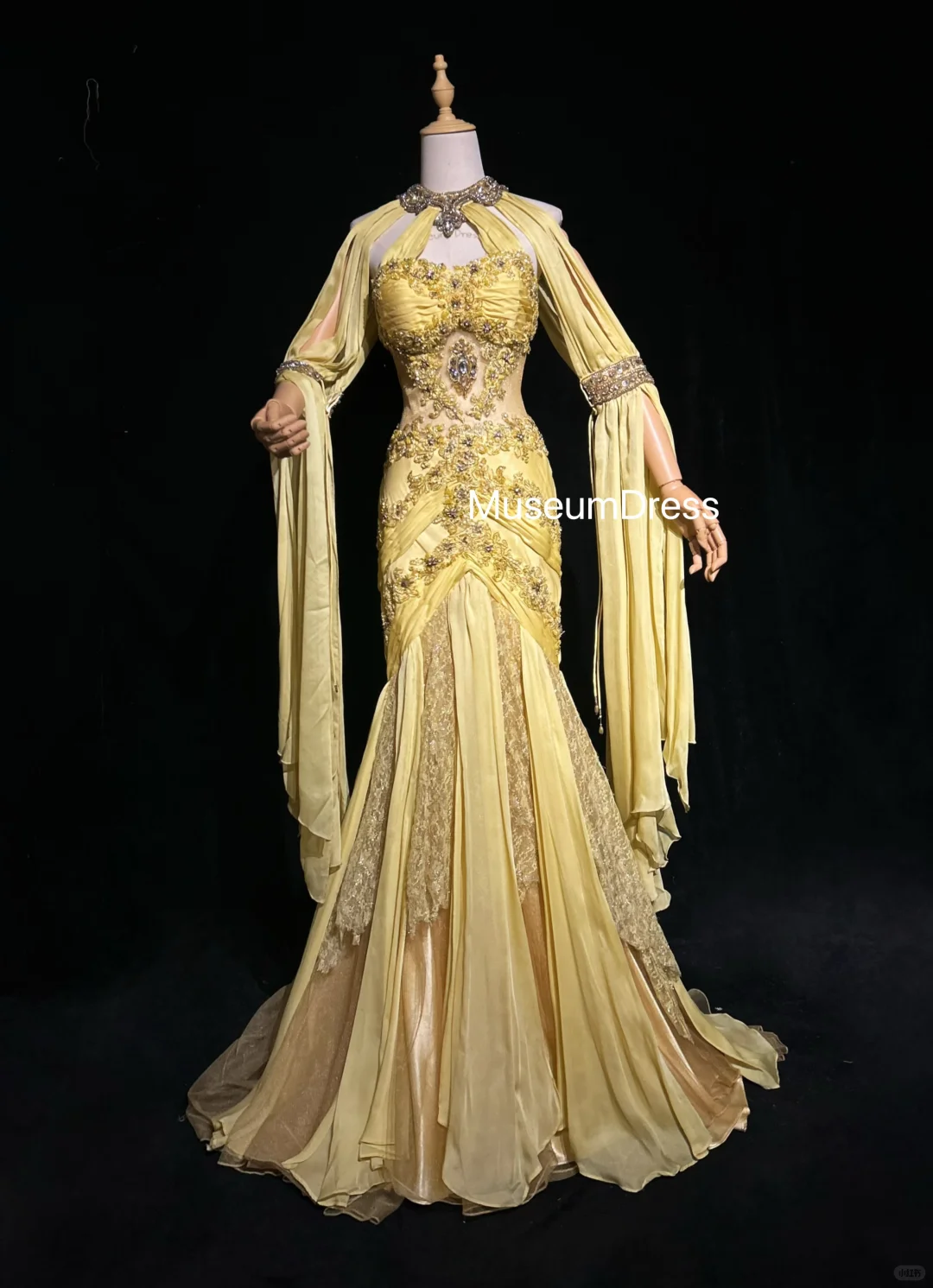 Halter Golden Yellow Prom Dress Sheer Bodice Rhinestone Floral Embroidery Tiered Chiffon Mermaid Formal Gown gh9554