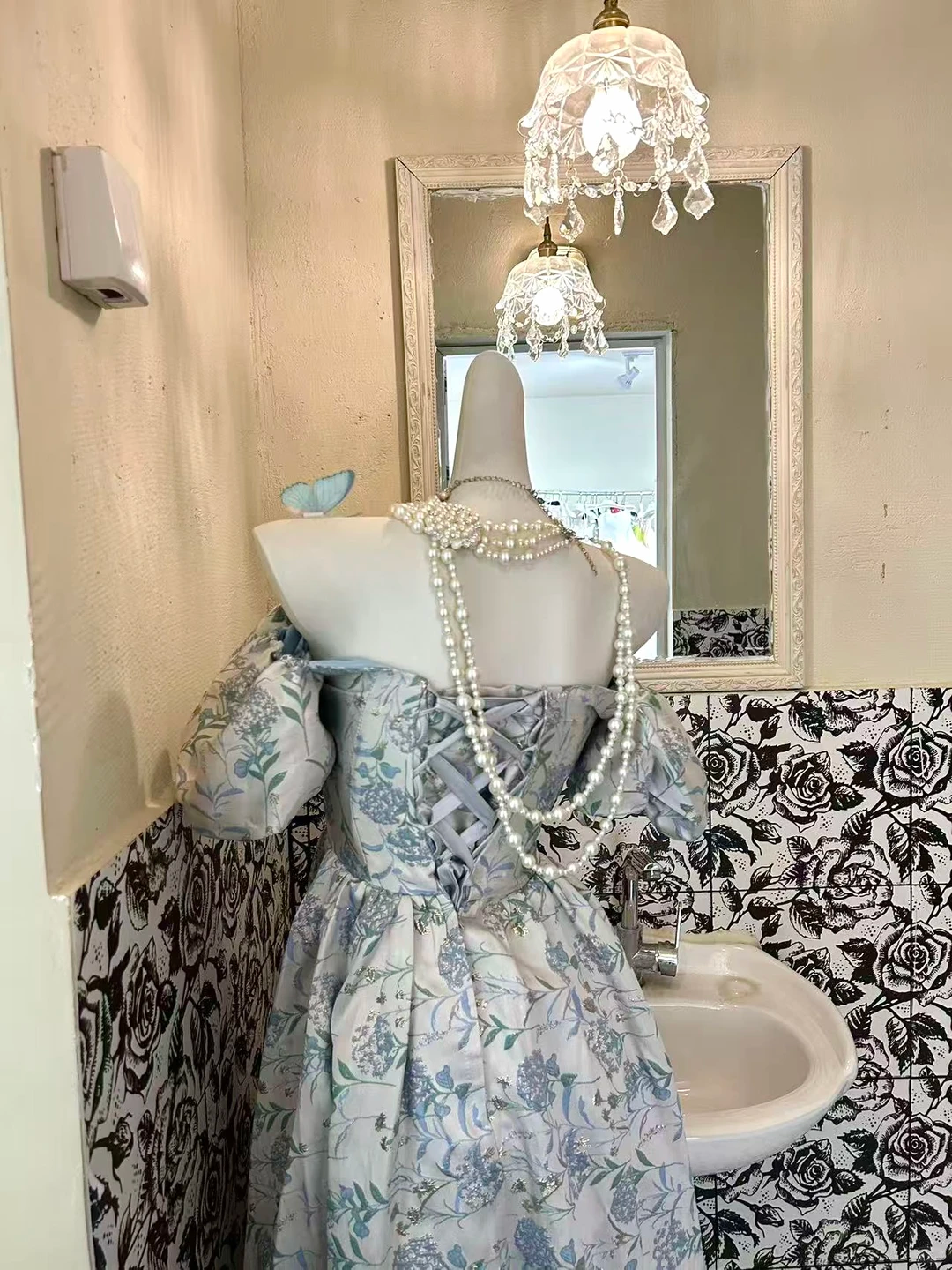 Blue Printed Off-the-Shoulder Waist-Cinched Elegant Vintage Romantic Dress, Wedding Gown gh7584