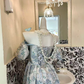 Blue Printed Off-the-Shoulder Waist-Cinched Minimalist Elegant Vintage Romantic Dress gh7593