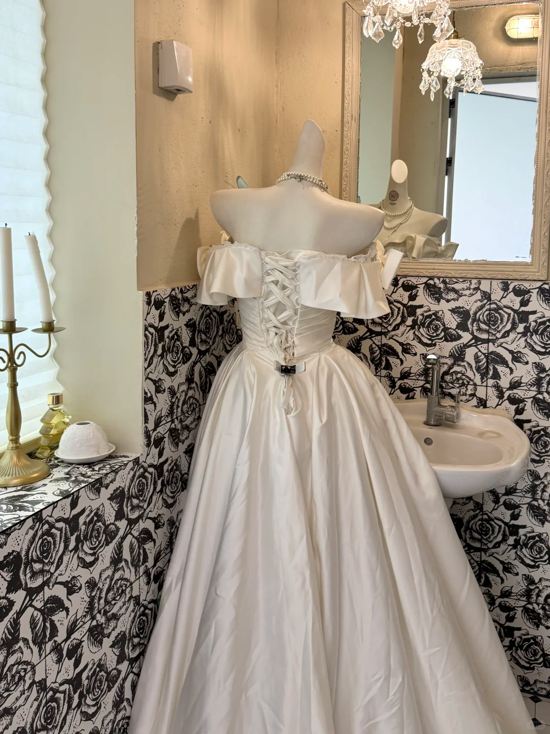 White Off Shoulder Satin Waist-Cinched Full Flared Romantic Dress, Wedding Gown gh7534