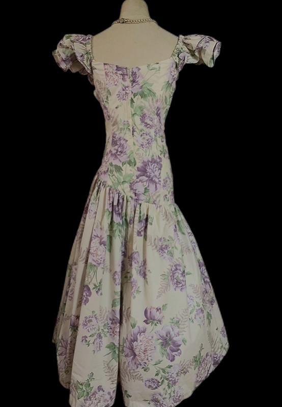 Elegant Vintage Purple Print Square Neck Fitted Waist Prom & Evening Party Dress gh8499