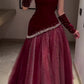 Sleeveless Burgundy Velvet & Tulle Gown | Luxury Elegant Pearl Trim Train Dress for Gala Ball gh6471