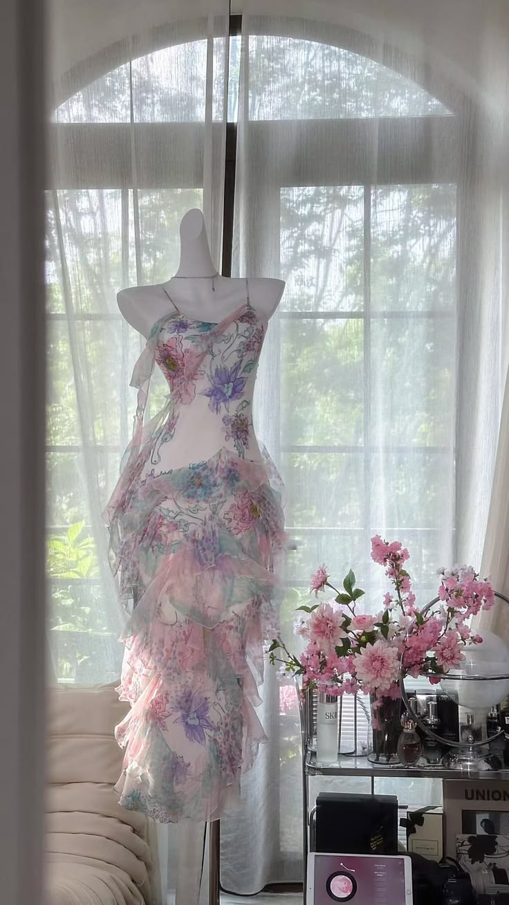 ✨Girlhomeshops-Watercolor Floral Spaghetti Strap Mermaid Prom Dress, Irregular Ruffle Chiffon Evening Gown gh10211