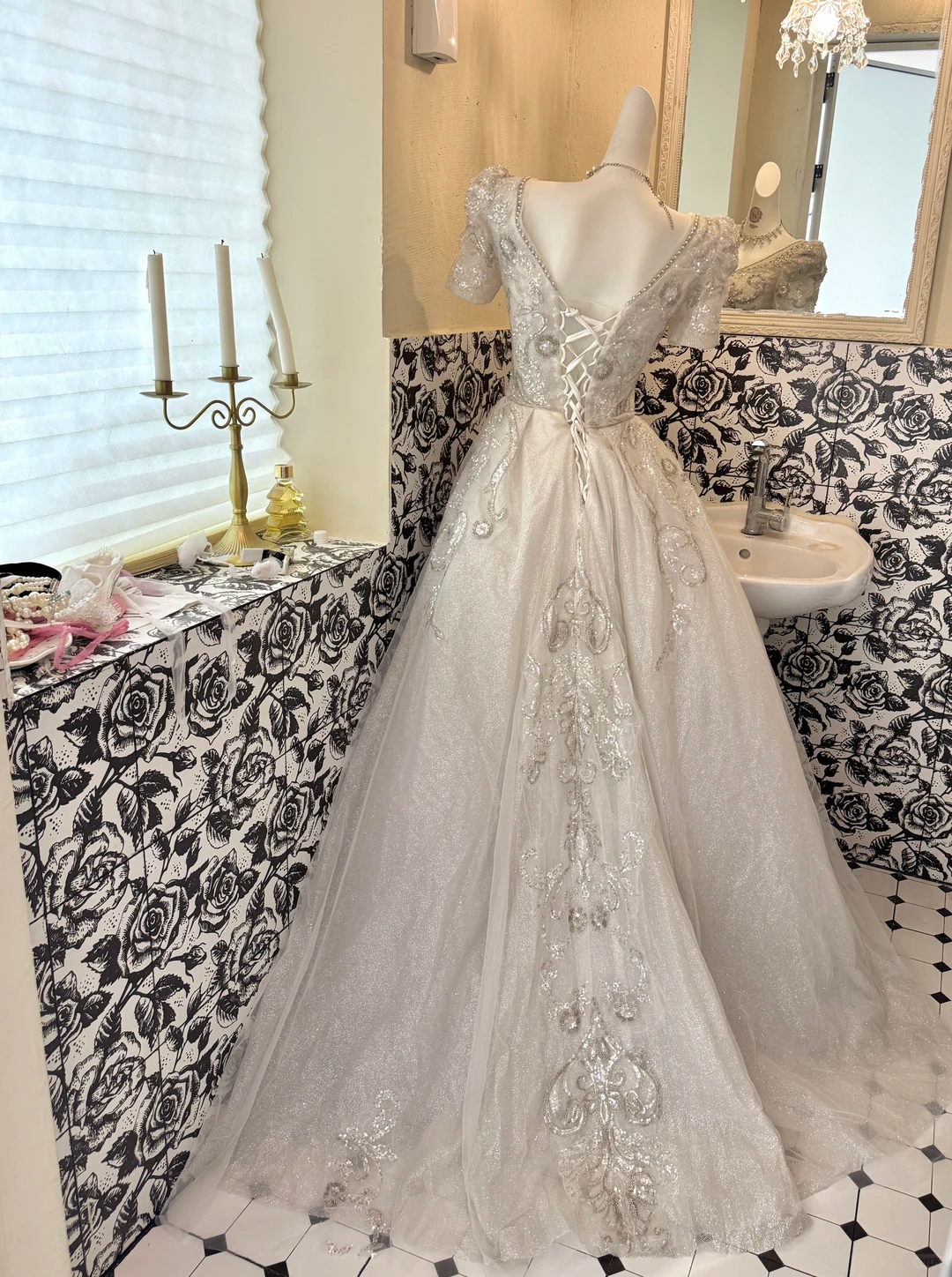 Silver Gray Beaded V-Neck Waist-Cinched Full Flared Skirt Classic Elegant Romantic Dress, Wedding Gown gh7638