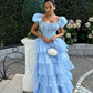 Robe de soirée princesse bleue élégante, coupe trapèze, manches courtes, longue, en tulle, robe de bal, gh4197