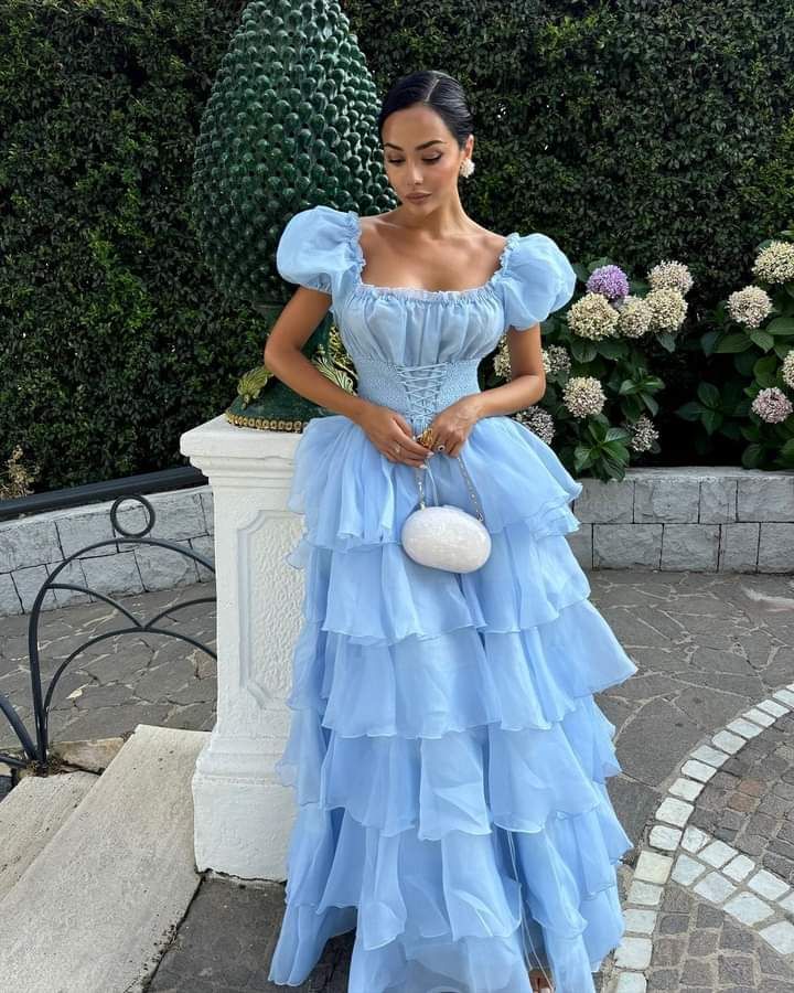 Robe de soirée princesse bleue élégante, coupe trapèze, manches courtes, longue, en tulle, robe de bal, gh4197