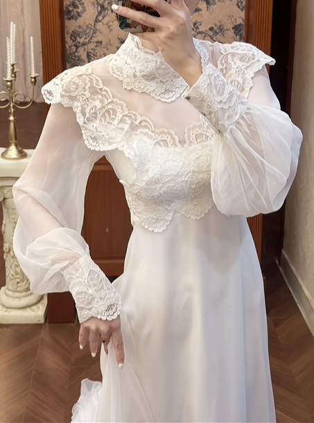 White Vintage Chiffon Wedding Gown, Lace High Neck Over V‑Neck, Ruffle Lace Shoulder Trim, Chiffon Puff Long Sleeves, Lace Embroidered Cuffs, Lace Appliqués Empire Waist, A‑Line Long Skirt With Multi‑Layer Ruffle Lace Hem, Prom & Wedding Dress gh8668