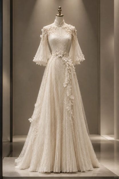 ✨Girlhomeshops-Ivory Lace 3D Butterfly Qipao Wedding Gown with Train gh10378