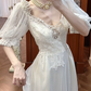 Ivory Vintage Lace Empire Waist Wedding Prom Dress, V‑Neck Tulle Puff 3/4 Sleeves, Gem Lace Appliqués, Full Lace Long Train gh8703