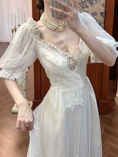 Ivory Vintage Lace Empire Waist Wedding Prom Dress, V‑Neck Tulle Puff 3/4 Sleeves, Gem Lace Appliqués, Full Lace Long Train gh8703
