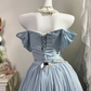 Dusty Blue Satin Off Shoulder Long Evening Gown, Puff Sleeve With Big Bow A-Line Prom Dress gh9282