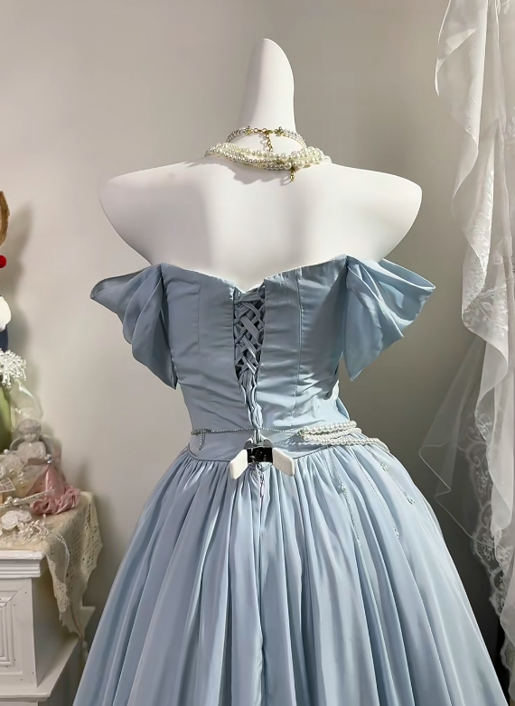 Dusty Blue Satin Off Shoulder Long Evening Gown, Puff Sleeve With Big Bow A-Line Prom Dress gh9282