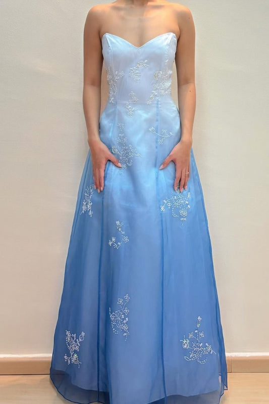 Girlhomeshops--Blue and white exquisite floral fashion gradient tube top long floor-length ball gown graduation dress gh5515