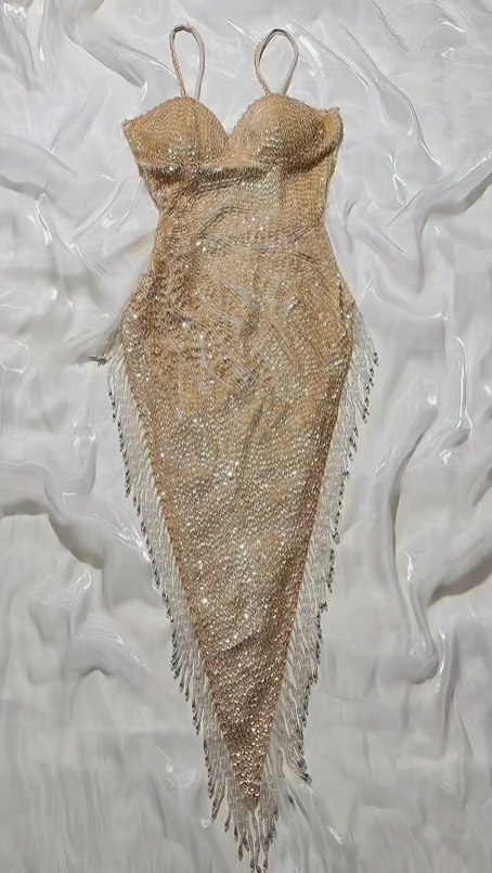 Elegant Champagne Gold Spaghetti Strap Sequin Fitted Waist Prom & Evening Party Dress gh8524