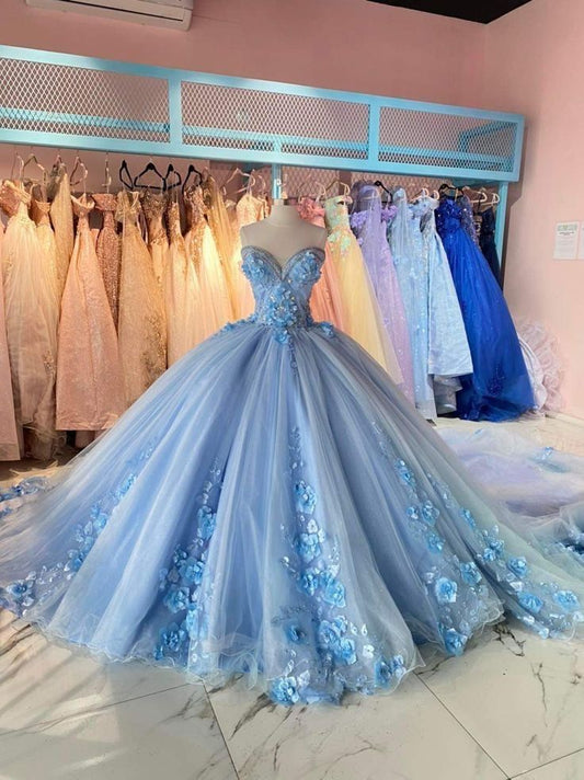 Blue gorgeous exquisite applique beaded long tulle ball gown evening dress gh3071