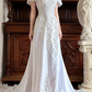 Ivory Satin Vintage V‑Neck Off‑The‑Shoulder Lace Cap Sleeve Heavy Floral Lace Appliqué Fitted Sheath Long Train Wedding Prom Gown gh8630