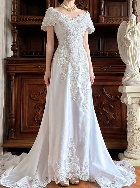 Ivory Satin Vintage V‑Neck Off‑The‑Shoulder Lace Cap Sleeve Heavy Floral Lace Appliqué Fitted Sheath Long Train Wedding Prom Gown gh8630