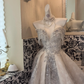 Ivory Strapless Tassel Silver Beaded Waist-Cinched Fitted Full Flared Romantic Dress, Wedding Gown gh7516