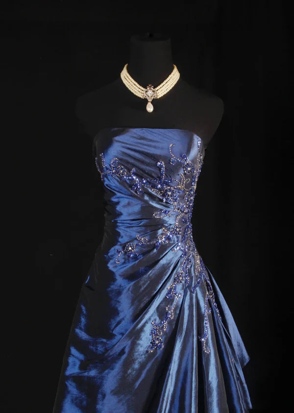 Marineblaues Vintage-Elegantes Ballkleid aus schulterfreiem, langem Satin-Ballkleid, Abendkleid, Partykleid, gh4246
