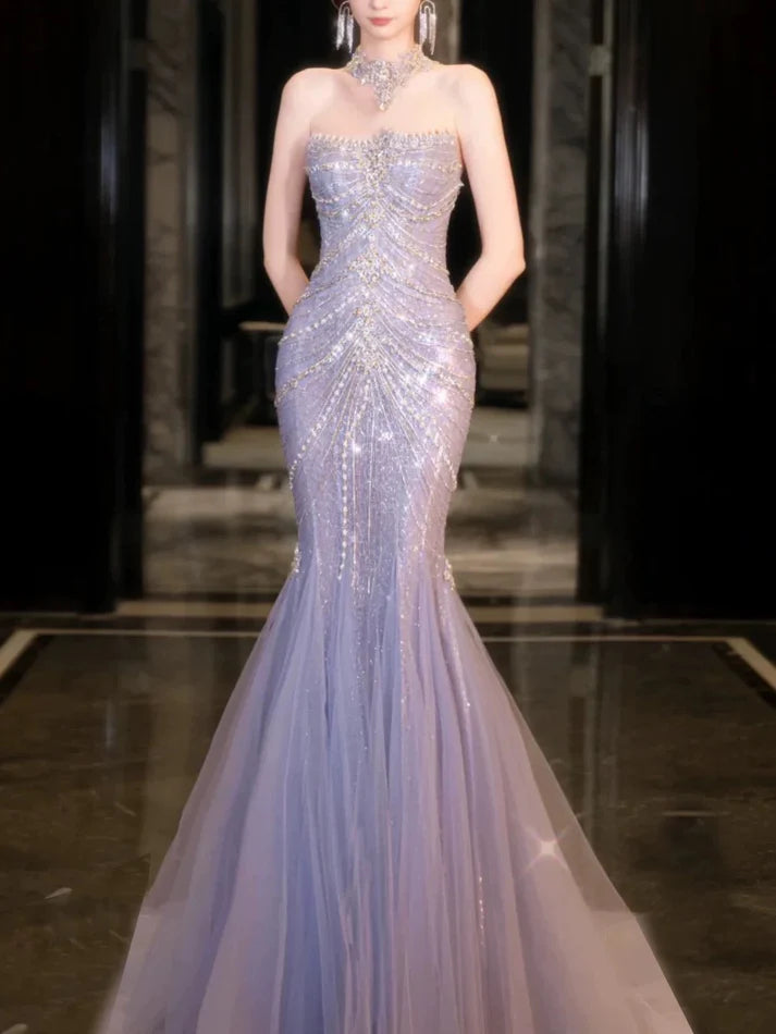 Wunderschönes, glänzendes, schulterfreies, exquisites, mit Perlen verziertes, langes Tüll-Meerjungfrauen-Kleid mit schmalem Fischschwanzrock, Ballkleid, formelles Abendkleid, Hochzeitskleid gh3559
