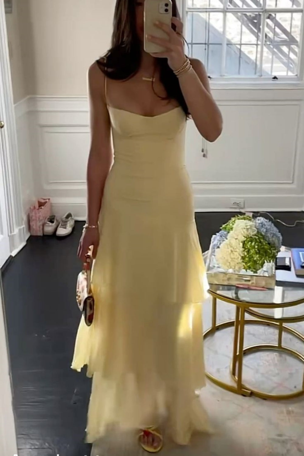 girlhomeshops-Yellow casual ruffled long chiffon dress gh5860