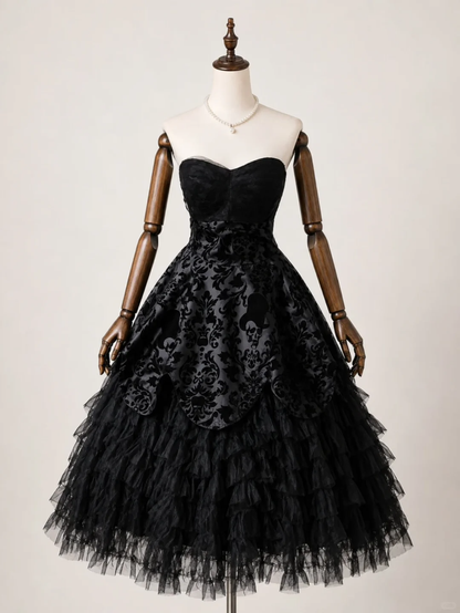 Black Gothic Midi Prom Dress, Sweetheart Strapless Lace Bodice Flocked Skull Damask Satin Overlay Tiered Ruffle Tulle Skirt Evening Gown gh9083