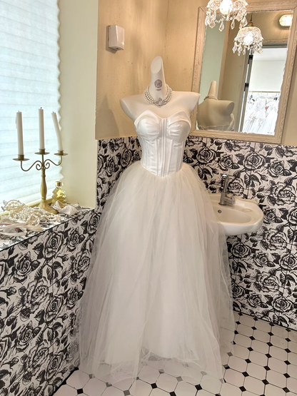 Ivory Satin Strapless Waist-Cinched Voluminous Princess Skirt Romantic Dress, Wedding Gown gh7751