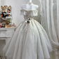 White Off Shoulder Midi Princess Gown, Lace Puff Sleeve Heavy Beaded Sequin A-Line Tulle Party Dress gh9284
