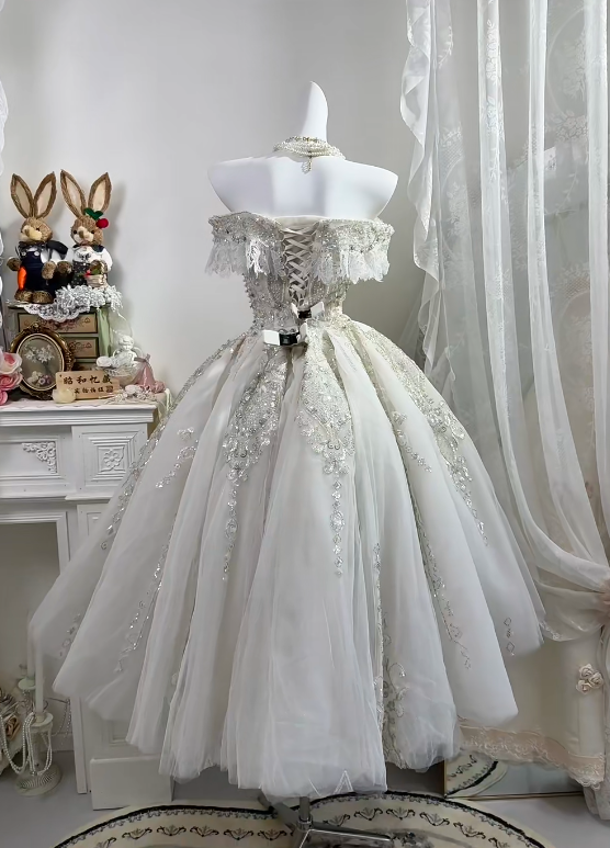 White Off Shoulder Midi Princess Gown, Lace Puff Sleeve Heavy Beaded Sequin A-Line Tulle Party Dress gh9284