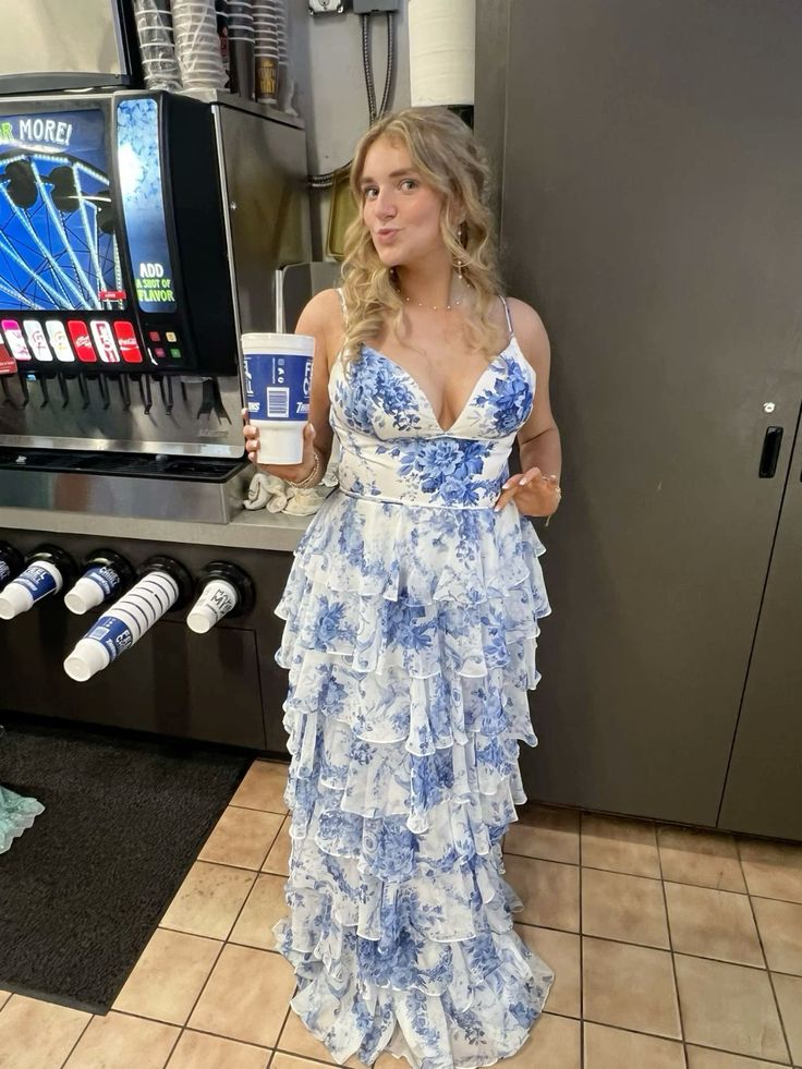 Blue Floral Print V Neck A-Line Spaghetti Straps Ruffles Tiered Slits Long Graduation Dress Evening Gown Prom Dress Wedding Guest Party Dress gh3182