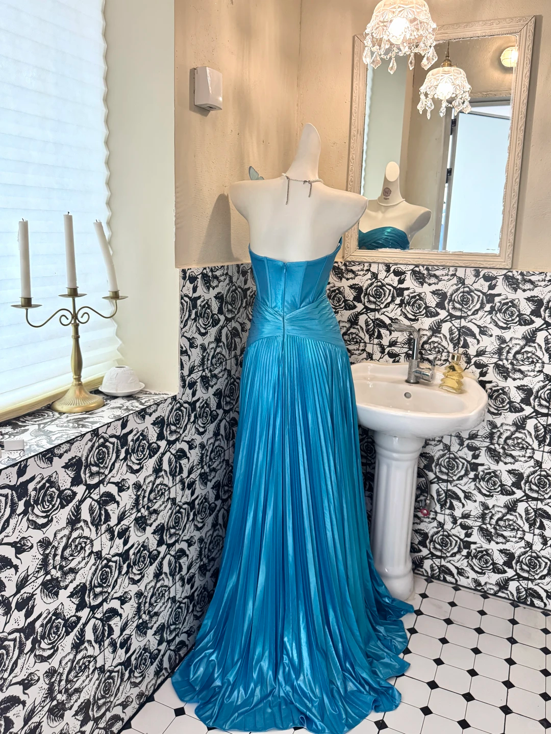 Sky Blue Strapless Waist-Cinched Fitted Long Vintage Elegant Romantic Dress, Wedding Gown gh7503