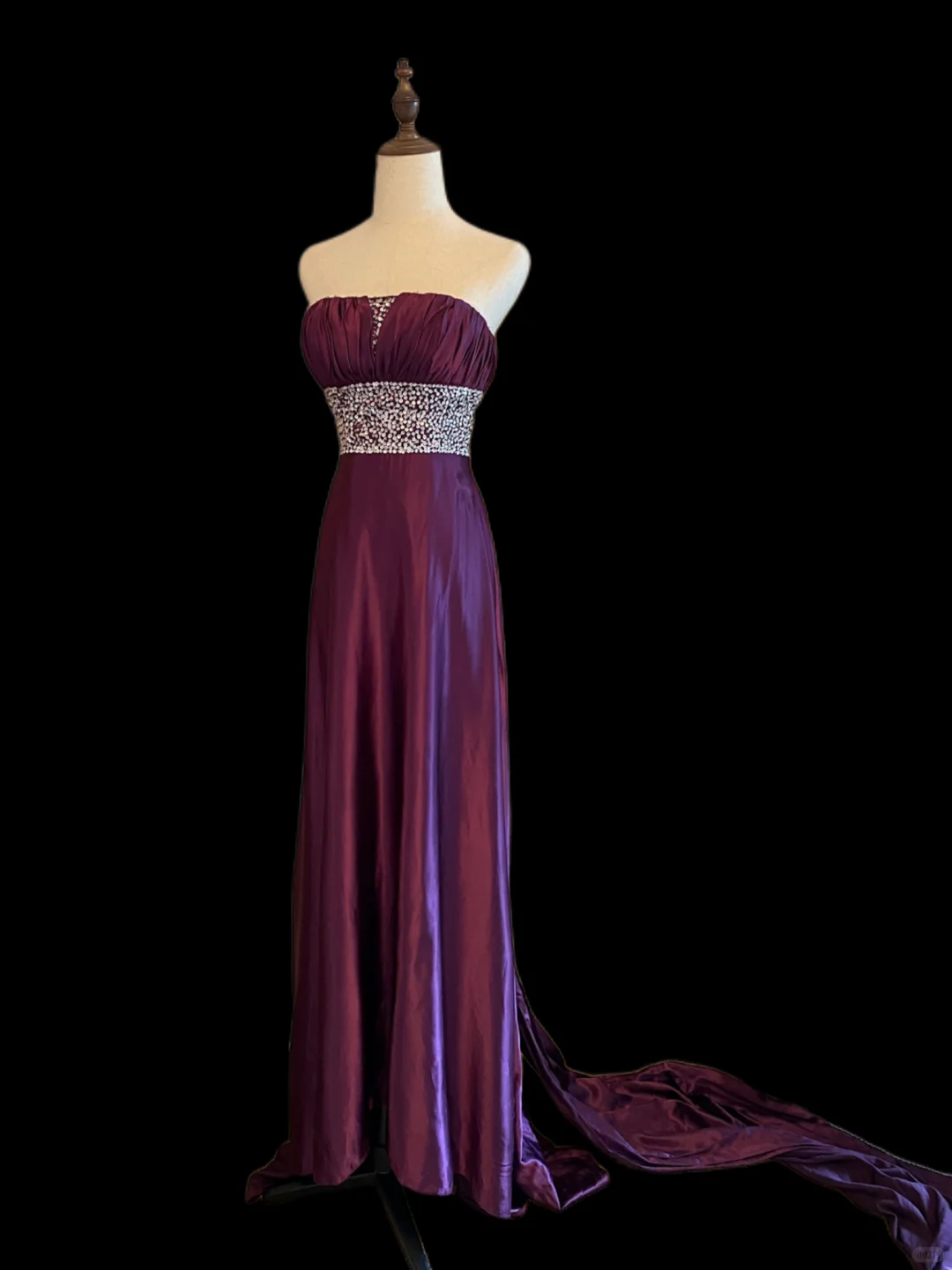 Deep Purple Strapless Long Evening Gown, Ruched Bust, Full Rhinestone Beaded Waistband, Single Draped Long Sash, Floor‑Length Train, Formal Prom Host Dress gh8910