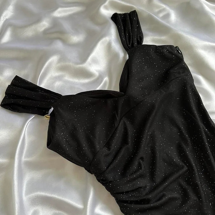 Robe de soirée longue en mousseline de soie noire brillante et élégante gh4232