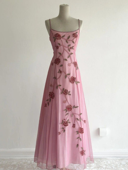 girlhomeshops - Zartes und elegantes langes Tüllkleid mit rosa Blumenmuster gh6264