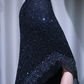✨Girlhomeshops-Navy One Shoulder Sequin Prom Gown Double Spaghetti Strap Midi Bodycon High Slit Dress gh10092