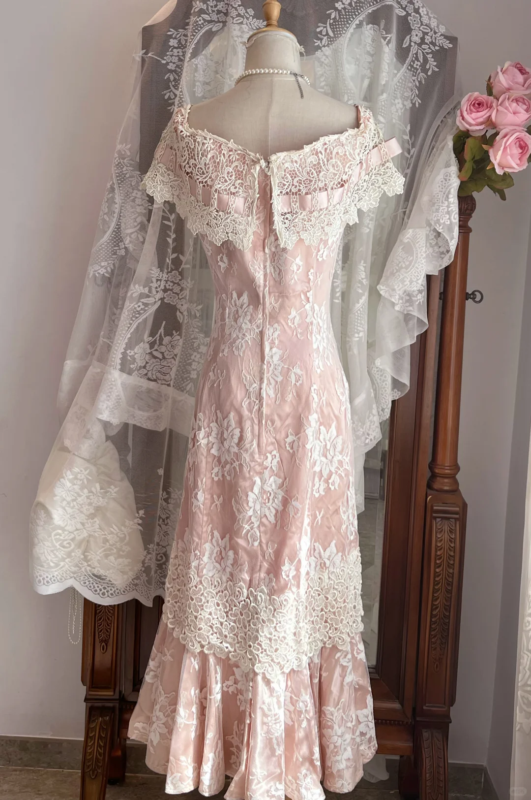 Dusty Pink Off Shoulder Floral Lace Vintage Mermaid Midi Prom Dress gh9305