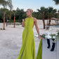 Yellow green halter neck backless long chiffon ball gown evening dress gh3127