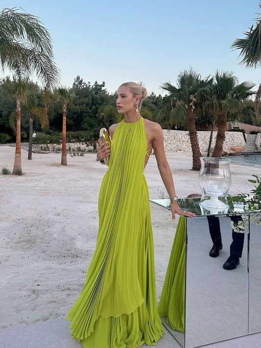 Yellow green halter neck backless long chiffon ball gown evening dress gh3127