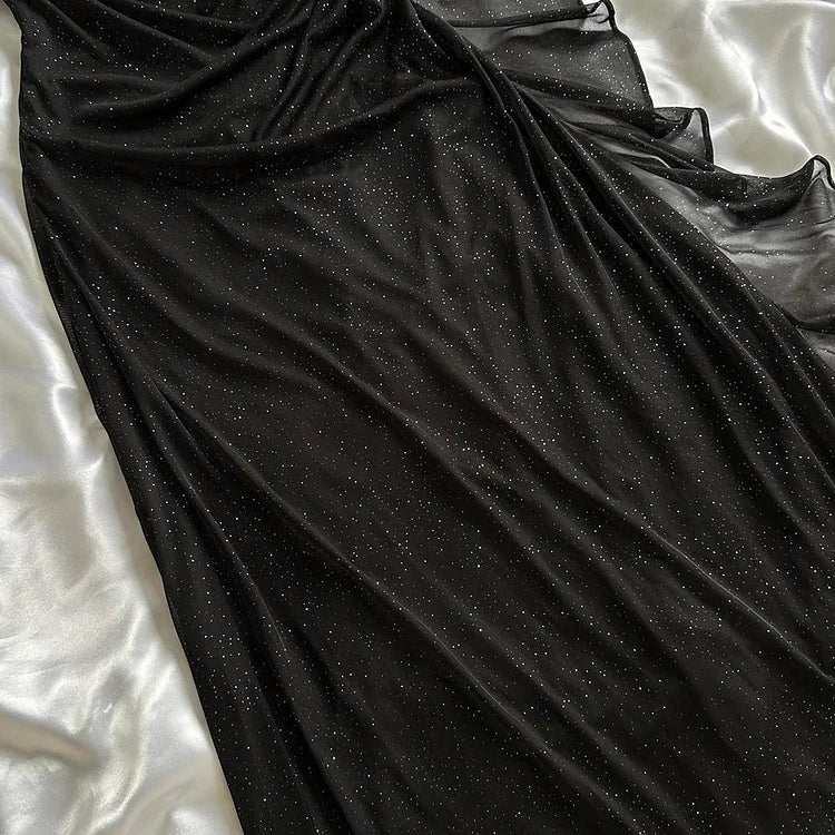 Robe de soirée longue en mousseline de soie noire brillante et élégante gh4232
