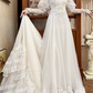 Ivory Vintage Tulle Wedding Prom Dress, High Neck Illusion Sweetheart, Leg‑of‑Mutton Puff Lace Sleeves, Lace Appliqués, Multi‑Tier Lace Long Train gh8683
