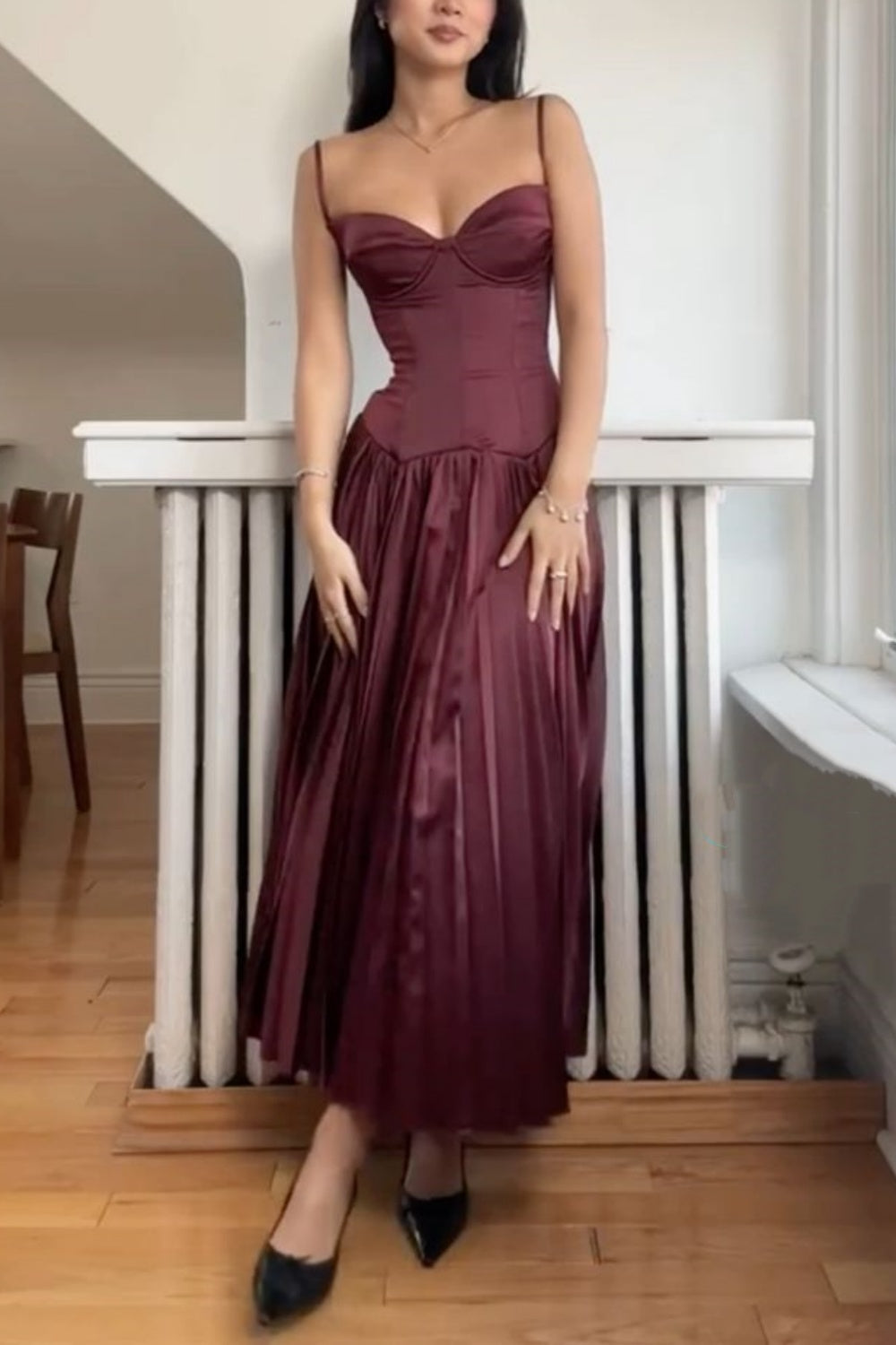 girlhomeshops-Satin Spaghettiträger enges mittellanges Ballkleid Brautjungfernkleid gh5774