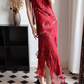 Wine‑Red‑Vintage‑Dress Spaghetti‑Strap 3D‑Rose‑Appliqués Gold‑Beaded‑Embroidery Glitter‑Striped‑Tulle Asymmetrical‑Ruffled‑Slit‑Mermaid‑Hem Matching‑Tassel‑Scarf Midi‑Evening‑Party‑Gown gh8828