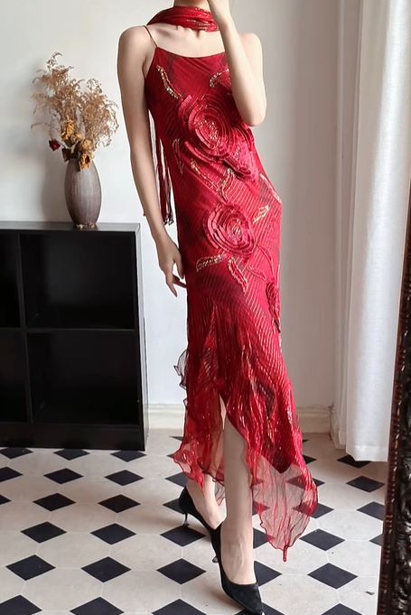 Wine‑Red‑Vintage‑Dress Spaghetti‑Strap 3D‑Rose‑Appliqués Gold‑Beaded‑Embroidery Glitter‑Striped‑Tulle Asymmetrical‑Ruffled‑Slit‑Mermaid‑Hem Matching‑Tassel‑Scarf Midi‑Evening‑Party‑Gown gh8828