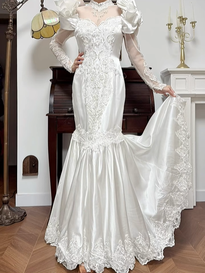 Ivory Vintage Lace Satin Mermaid Wedding Dress, Puff Shoulder Long Sleeve Bridal Gown gh8745